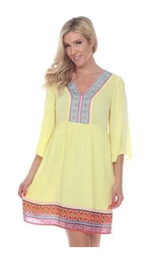White Mark Yellow Embroidered Tunic Dress L Boho Kimono Sleeve Beach Coverup thumbnail 1