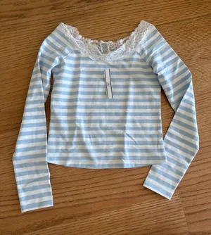 Frankie's Bikinis Light Blue & White Striped Lace-Trim Long Sleeve Top thumbnail 1