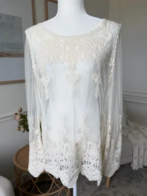 Rock & Roll Cowgirl Romantic Ivory Embroidered Lace Boho Tunic Western Top S thumbnail 2