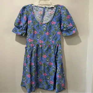 LOFT Women’s 2 Floral Babydoll Dress Blue Linen Blend Scoop‎ Neck Puff Sleeve thumbnail 4