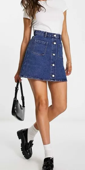 ASOS Monki denim button through mini skirt in mid-blue wash 38 /6 thumbnail 1