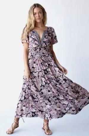 Natural Life Bella Maxi Dress Small Pink Floral Boho Festival Hippie Pockets thumbnail 1