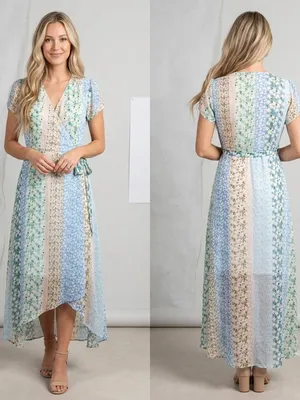 Blue Rain Pastel Floral Patchwork Wrap Maxi Dress - Size M thumbnail 1