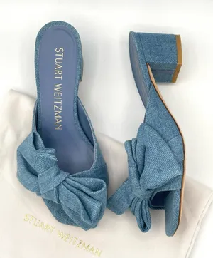 STUART WEITZMAN Love Knot Denim Wash Bow Slide Sandals 50 Block Heel Size 7 thumbnail 1