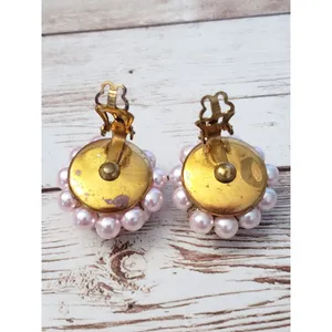 Vintage Clip On Earrings - Pink with Gold Tone Leaf Detail thumbnail 3