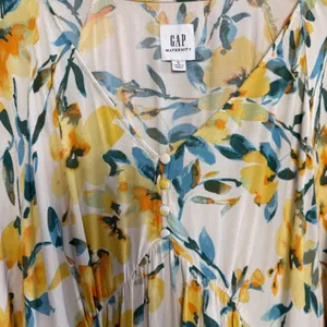 Gap Maternity Dress Womens Large Floral V-Neck Midi Boho Puff Sleeve Yellow Blue thumbnail 6