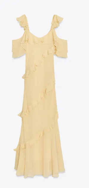 Zara Butter Yellow Ruffle Cold-Shoulder Maxi Bohemian Summer Sun Dress thumbnail 1