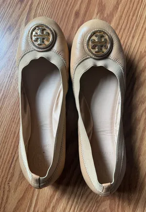 Tory Burch Beige Leather Ballet Flats with Gold Logo thumbnail 1