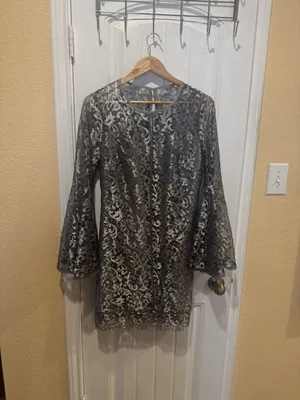 White House Black Market Size 8 Metallic Silver Bell Sleeve Dress thumbnail 2