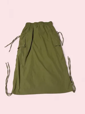Olive Green Drawstring Midi Skirt with Utility Pockets Size L thumbnail 2