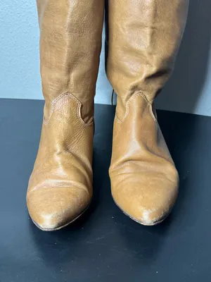 Vintage Zodiac Camel Brown Leather Fringe Trim Tall Boots Western Boho Cowgirl thumbnail 5