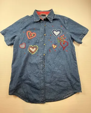 Bobbie Brooks Womens Denim Heart Embroidered Short Sleeve Button Down Shirt thumbnail 1