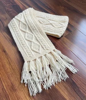 100% Merino Wool Aran Style Cable Knit Fringe Scarf Made in Ireland thumbnail 1