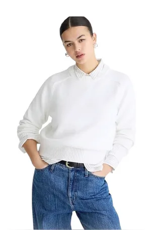 J Crew Relaxed White Cotton Blend Sweater Sz M Crew Neck Knit Summer Preppy thumbnail 1