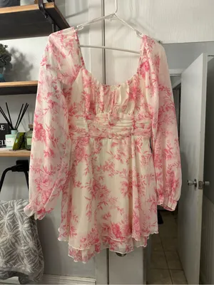 Pink Lily Sheer Floral Peasant Blouse in Pink and Cream thumbnail 1