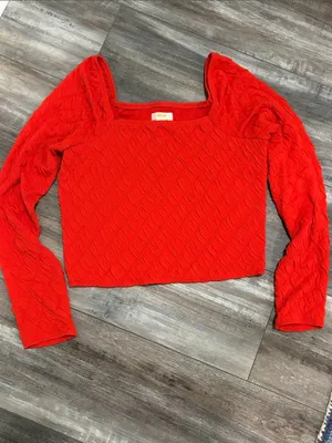 ANTHROPOLOGIE Maeve‎ Popcorn Long Sleeve Square Neck Red Tee Large thumbnail 4