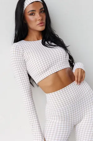 Astoria Activewear LUXE BALANCE Staple Sleeved Crop in Beige Gingham Size Small thumbnail 1