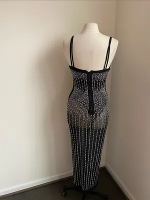 Rhinestone Stretch Black Sheer Midi Dress Built in Bodysuit Womens Sz Large thumbnail 6