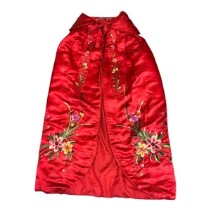 Vintage Red Silk Embroidered Padded Cape with Floral Satin Stitch Detail small thumbnail 6