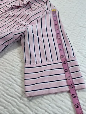 Entro Pink White and Navy Parker Striped Ruffle-Hem Mini Shirt Dress Size S thumbnail 13