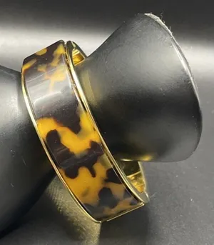 🔥J Crew Hinged Acetate Bangle Statement Bracelet Tortoise Brown Gold 7” thumbnail 1