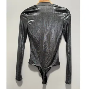 Alix NYC Irving Lamé Bodysuit Small Gunmetal Metallic Deep V-Neck Long Sleeve thumbnail 6