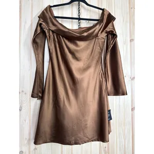NWT Lulus Luxurious Vision Brown Satin Off-the-Shoulder Mini Dress Party Size L thumbnail 7