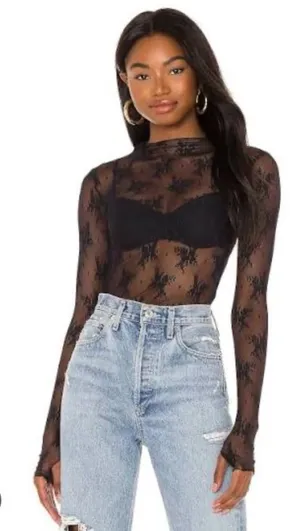 Free People Intimately XS Black Lace Long Sleeve Blouse thumbnail 1