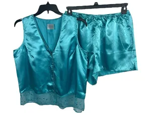 Aqua Blue Satin Feel Sleeveless Button Lace Top Shorts Pajama Set 1XLT thumbnail 1