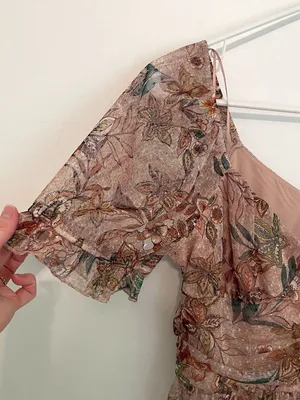MERAKI Mauve Pink Floral Mesh Ruched Short Sleeve Puff Sleeve Crop Top Blouse L thumbnail 6