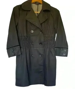 Willi Smith Black Double Breasted Trench‎ Coat Elastic Waist Button Front Small thumbnail 1