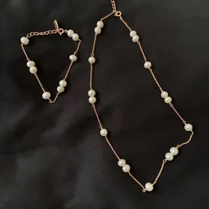 NEW REAL Pearl Sterling Silver 18k REAL goldplated Necklace Bracelet Jewelry Set thumbnail 3