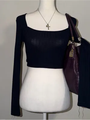 2000s style square neck dark navy blue ribbed very cropped long sleeve crop top thumbnail 1