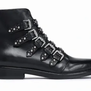 MAJE Leather Biker Boots EU 37: US 6.5 UK 4 Black Studded Buckle Straps Womens thumbnail 1