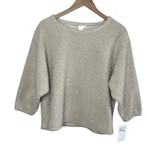 Ady P Womens Faux Sherpa Textured Knit Pullover Sweater beige Small Cabincore thumbnail 1
