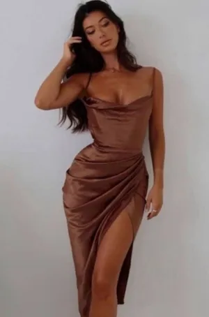 House of CB Satin Reva Sleeveless Toffee Balcony Corset Midi Dress XS thumbnail 1
