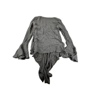 Ruffled Bell Sleeve V-Neck Black Tunic Top Asymmetrical Hem Womens L Gauze thumbnail 6