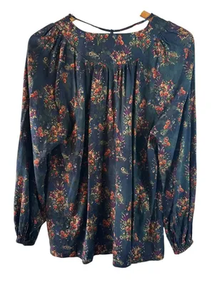 Natural Life Black Floral Boho Peasant Blouse Size Large Rayon Tie Neck Top thumbnail 3