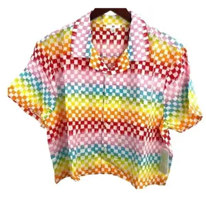 NEW BP Women Size Medium Rainbow Arcade Check Cropped Boyfriend Shirt thumbnail 1