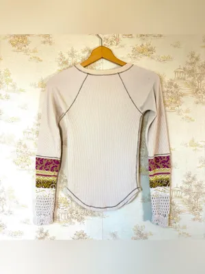 Free People In The Mix Cuff Cream Crochet Embroidered Boho Thermal Top XS thumbnail 4