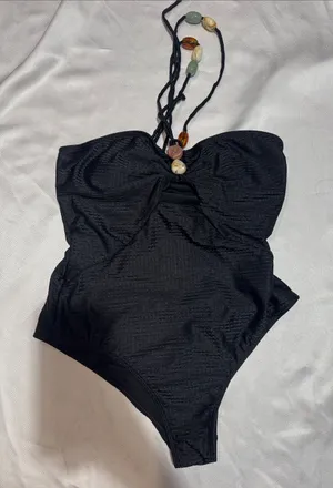Strapless Black One-Piece Bodysuit with Beaded Halter Detail thumbnail 1