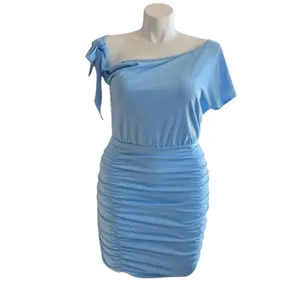 VIDUSSA‎ Women Light Blue One Shoulder Ruched Bodycon Mini Dress Trendy Chic thumbnail 2