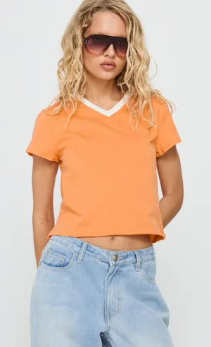 Princess Polly V neck Top Orange and White thumbnail 1
