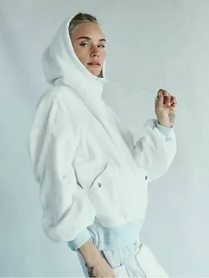 Free People Cream Fleece Hoodie with Light Blue Drawcords thumbnail 12