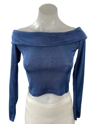 Edikted Women's Blue Off The Shoulder Knit Long Sleeve Blouse Crop Top Size S thumbnail 1