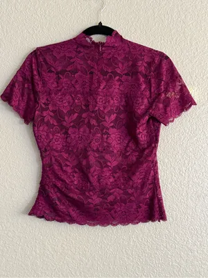 GUESS Burgundy Plum Floral Lace Mock Neck Sheer Top Small Dark Romantic Fairy thumbnail 5