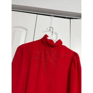 Capree Blouse Vintage 80s Red Beaded Mock Neck‎ Chiffon Button Back 16 Retro thumbnail 5
