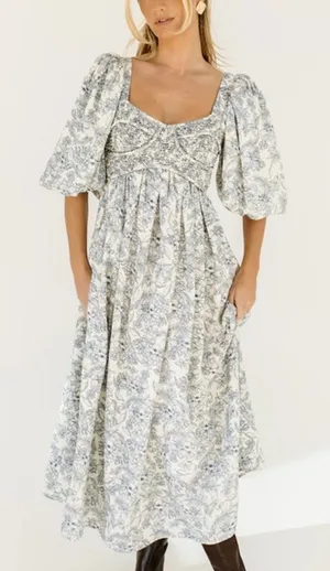 Zoco Blue Gala Blue Ivory Floral Midi Dress thumbnail 1