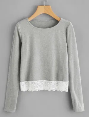Grey Long Sleeve Crop Top With Lace Detail thumbnail 5