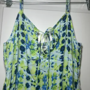 Aerie Blue Lime Green Floral Tie Front Smocked Back Cami Mini Dress Large beach thumbnail 2